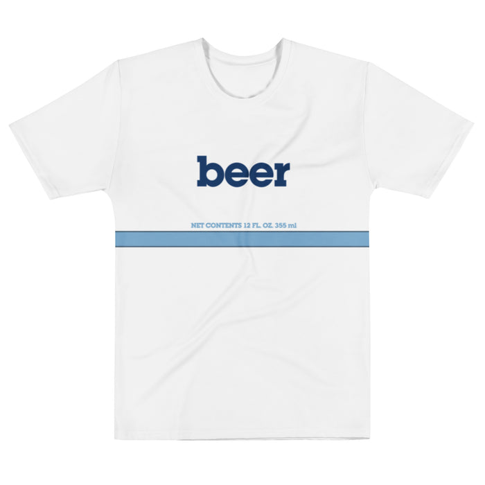 A short sleeved white colored retro, souvenir men's crew neck t-shirt that says "beer" and "Net Contents 12 Fl. Oz. 355 ml" with a blue and navy stripe beneath. References the Pik n' Pay generic brand beer from the 1984 sci-fi comedy movie "Repo Man"
