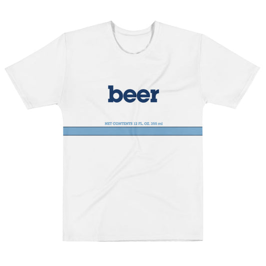 A short sleeved white colored retro, souvenir men's crew neck t-shirt that says "beer" and "Net Contents 12 Fl. Oz. 355 ml" with a blue and navy stripe beneath. References the Pik n' Pay generic brand beer from the 1984 sci-fi comedy movie "Repo Man"