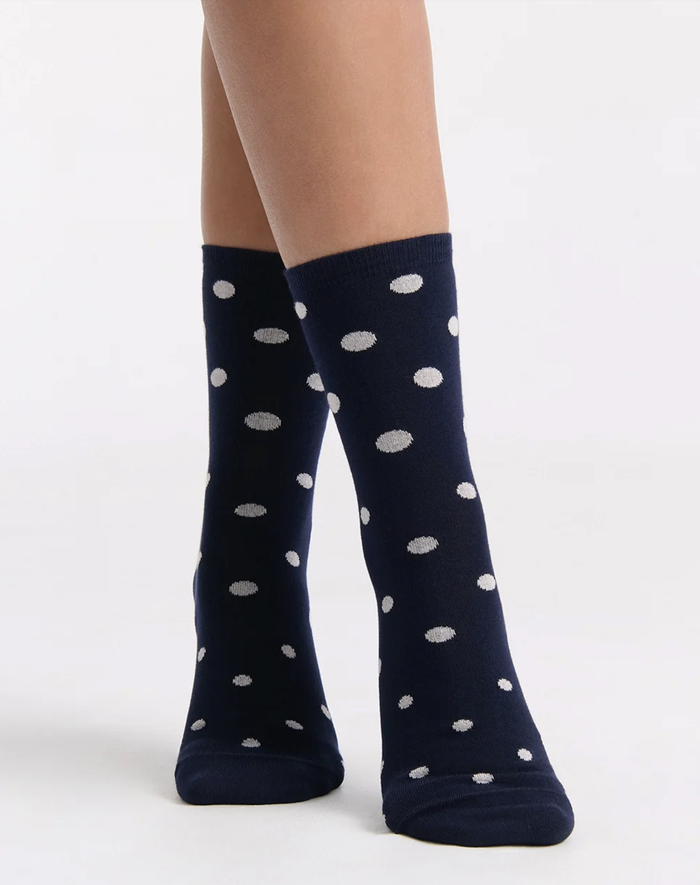 Levante Gigi Spot Cotton Crew Sock in Ink & White | Women's Socks | Gretel Lane