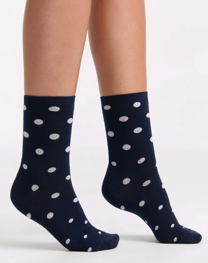Gigi Spot Cotton Crew Sock in Ink & White