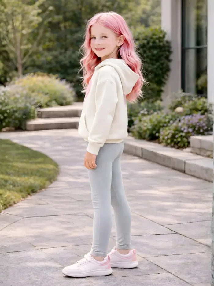 Girls Full Length Plain Light Grey Cotton Leggings