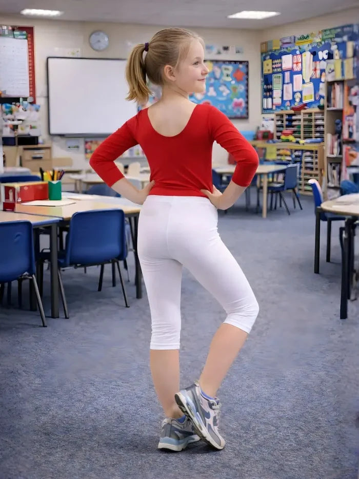 Girls White Cotton Leggings 3/4 Length
