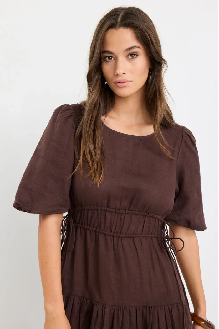 Women's chocolate brown linen midi dress | Among the Brave