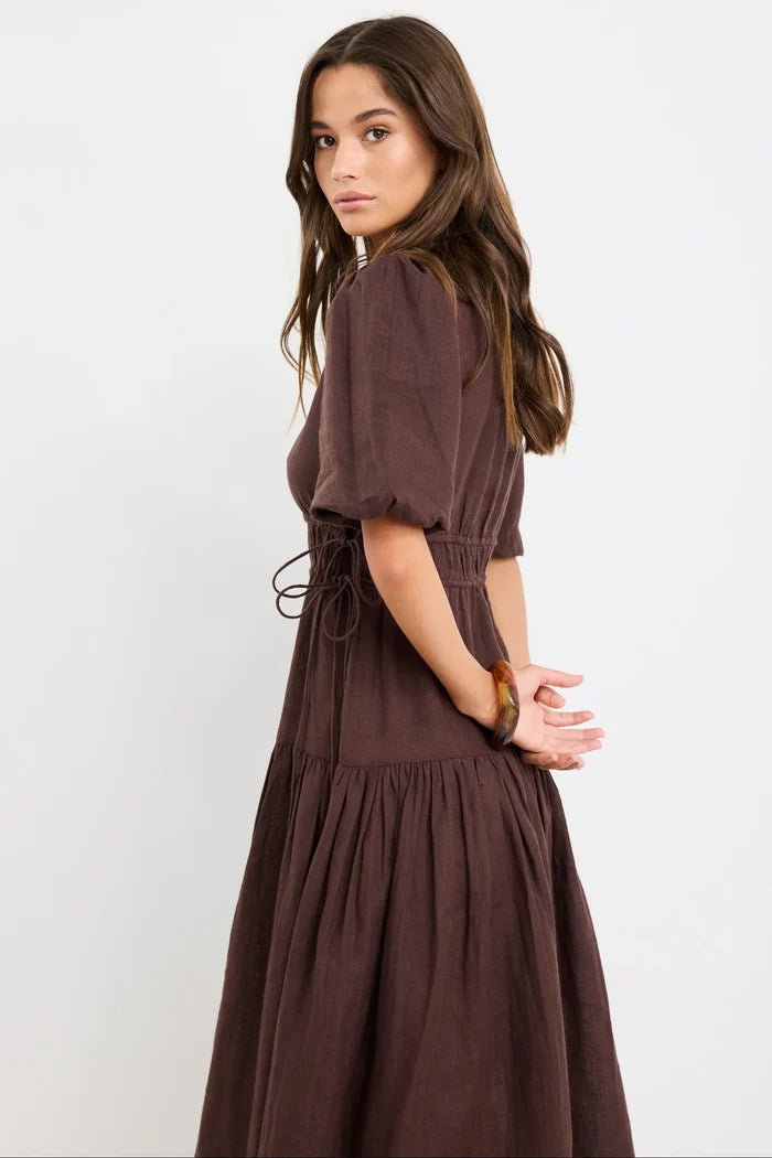 women's linen midi dress chocolate brown Among the Brave puff sleeve dress