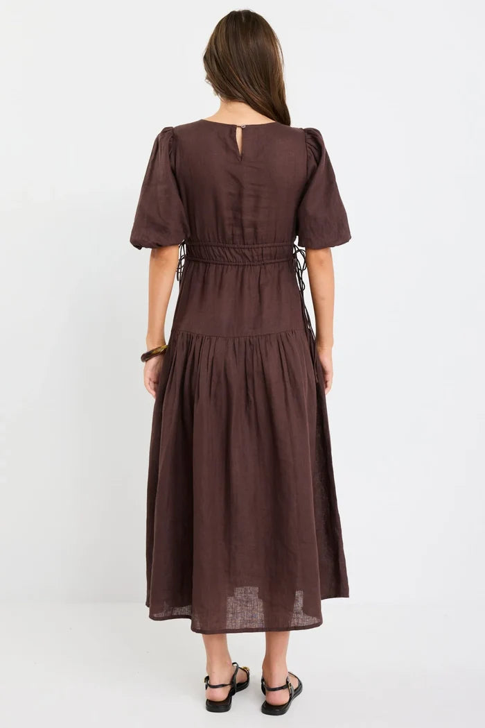 Among the Brave chocolate brown puff sleeve 100% linen midi dress