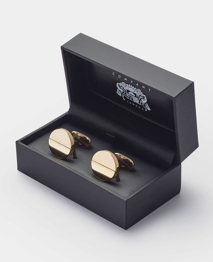Men's Gold Rhodium Plated Circle Cufflinks in box