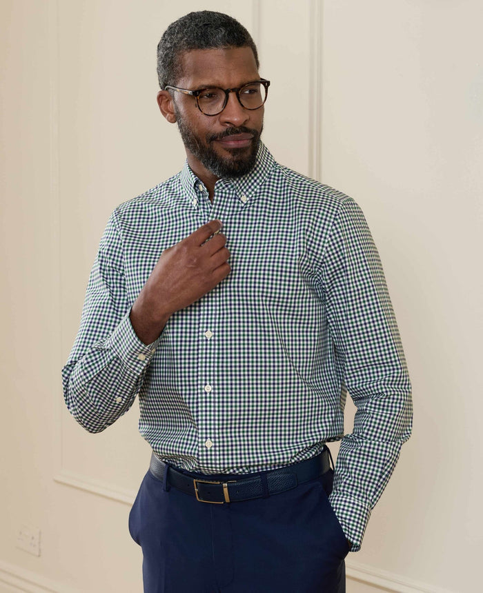 Men's Green Blue Poplin Gingham Check Slim Fit Casual Shirt model shot