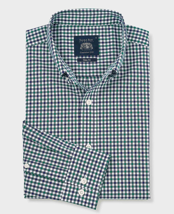 Men's Green Blue Poplin Gingham Check Slim Fit Casual Shirt folded shot