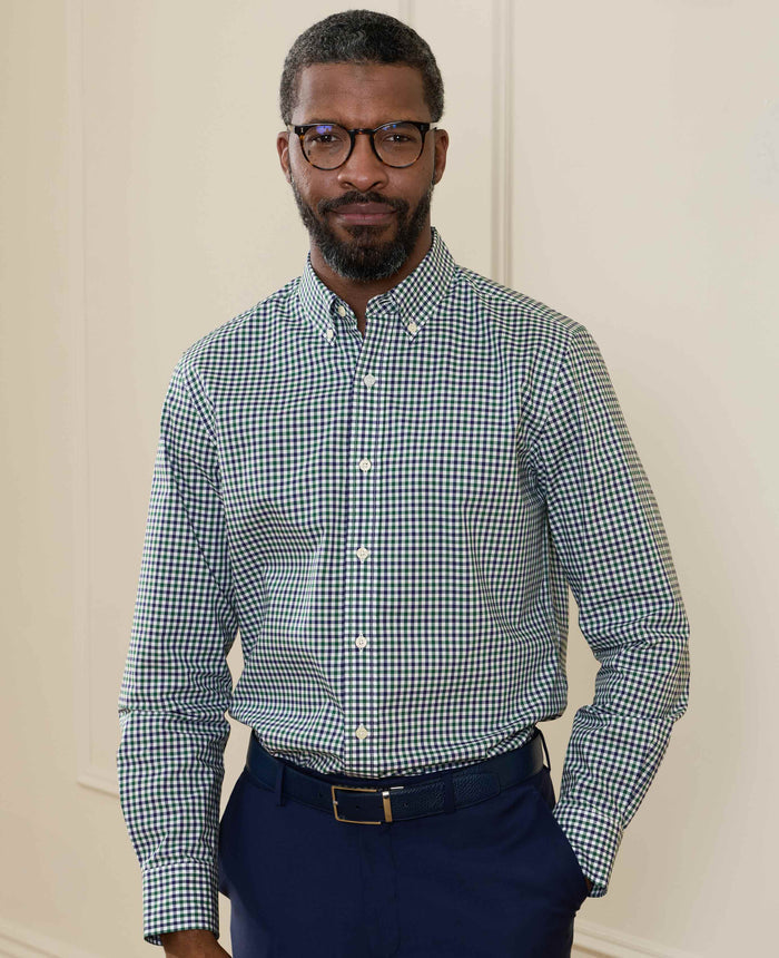 Men's Green Blue Poplin Gingham Check Slim Fit Casual Shirt model shot
