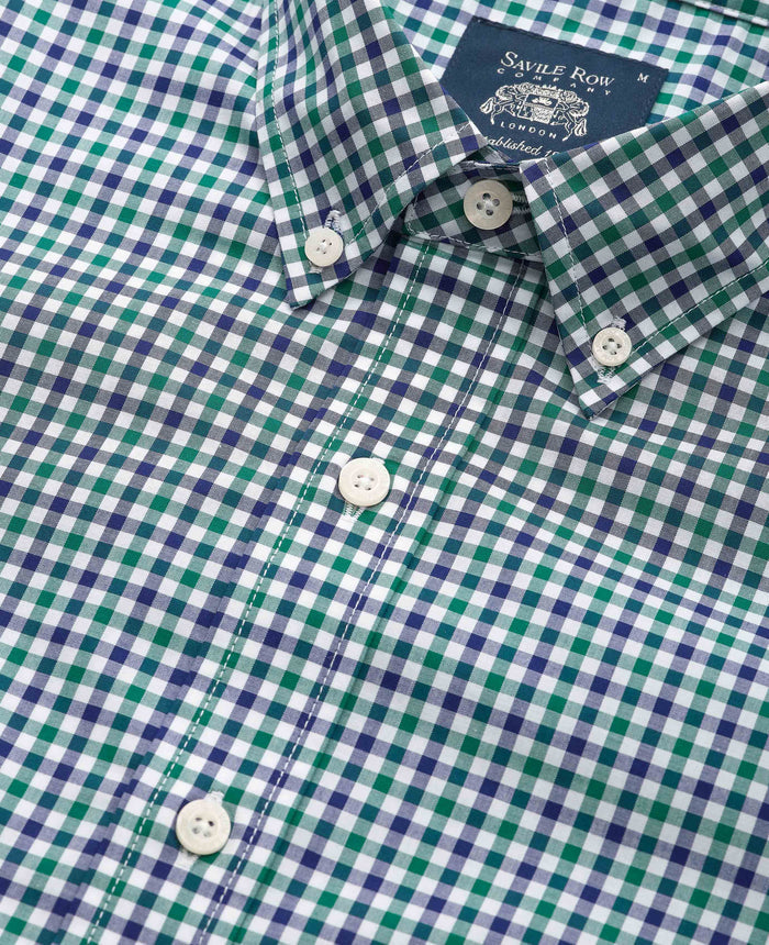 Men's Green Blue Poplin Gingham Check Slim Fit Casual Shirt collar detail