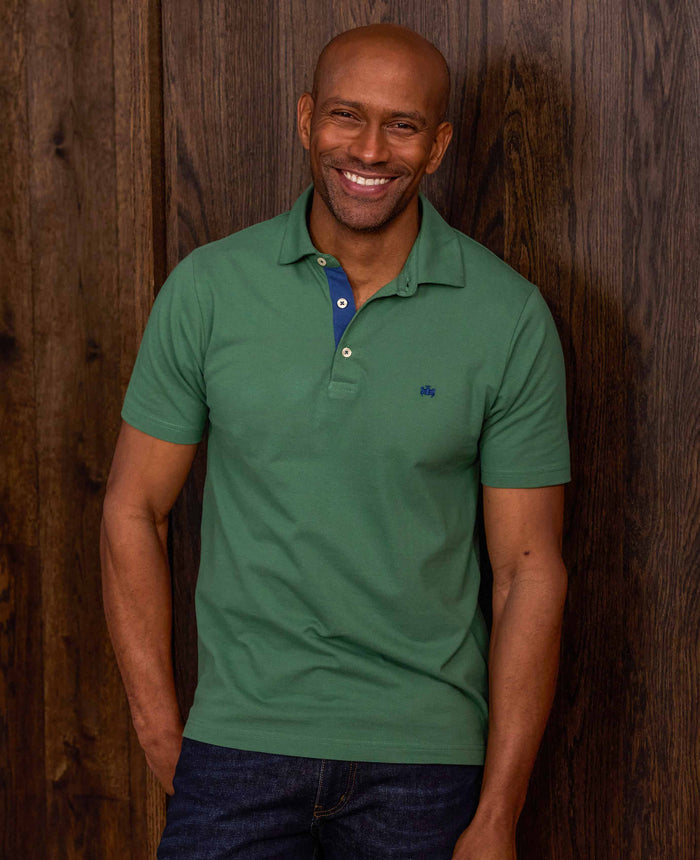 Men's Green Cotton Piqué Short Sleeve Polo Shirt model shot