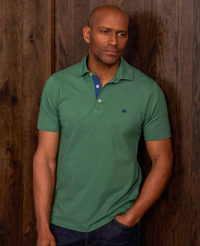 Men's Green Cotton Piqué Short Sleeve Polo Shirt model shot