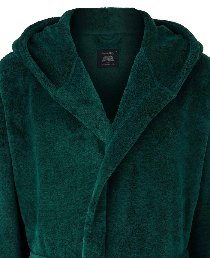 Men's Green Hooded Fleece Dressing Gown collar detail