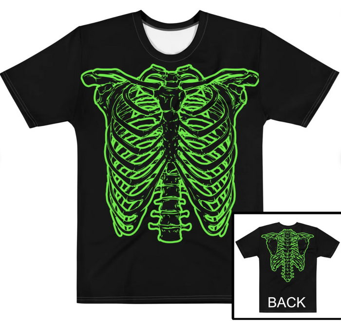 A men's short sleeved retro, 70s style black colored t-shirt that has a neon green skeleton graphic on the front and back. In reference to the mockumentary comedic film "This Is Spinal Tap" directed by Rob Reiner in which the character Nigel Tufnel, portrayed by actor Christopher Guest, wears this shirt, known as the Green Skeleton shirt.