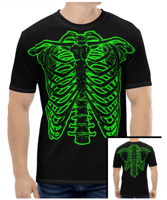 A retro, 80s style short sleeved black t-shirt with a graphic design of a spine skeleton in the color neon green. References the 1984 mockumentary film 'This Is Spinal Tap' and was worn by the character Nigel Tufnel, guitarist, singer, songwriter, and cheesemonger, played by the actor Christopher Guest. Also known as the Green Skeleton shirt.