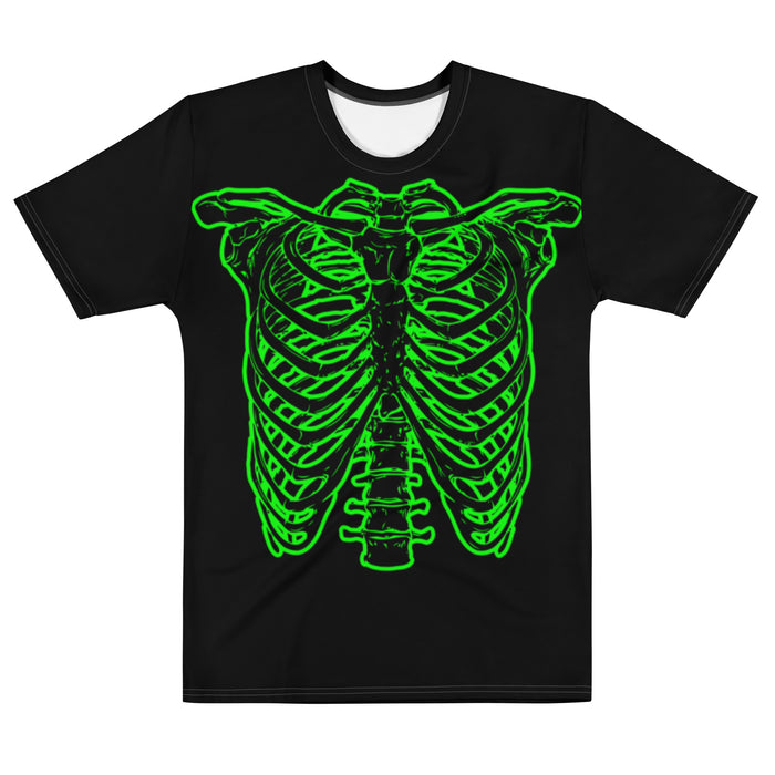 The front of a vintage, souvenir crew cut mens t-shirt in the color black with a large neon green skeleton. References the iconic mockumentary film "This Is Spinal Tap" from 1984, directed by Rob Reiner, in which the Nigel Tufnel, portrayed by Christopher Guest, had this shirt on, which is also referred to as the green skeleton shirt.