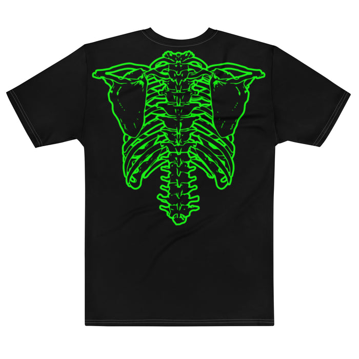 The back of a black colored mens crew neck short sleeved vintage, 70s style t-shirt covered in a large graphic of a neon green skeleton, referencing the 1984 comedy mockumentary movie "This Is Spinal Tap" directed by Rob Reiner in which this shirt - also known as the 'Green Skeleton Shirt' - was worn by Nigel Tufnel, played by actor Christopher Guest.