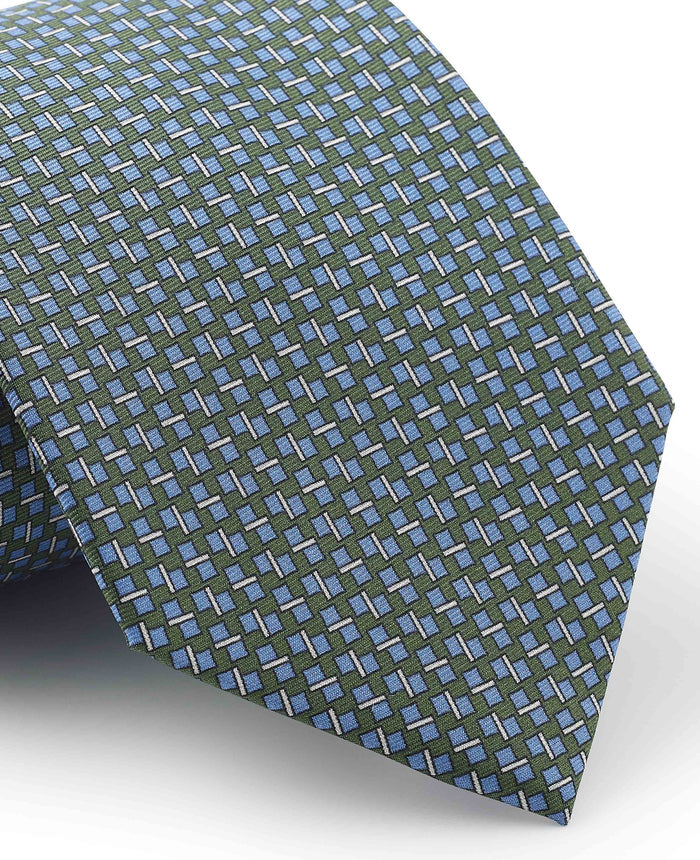 Men's Green Square Print Silk Tie pattern detail
