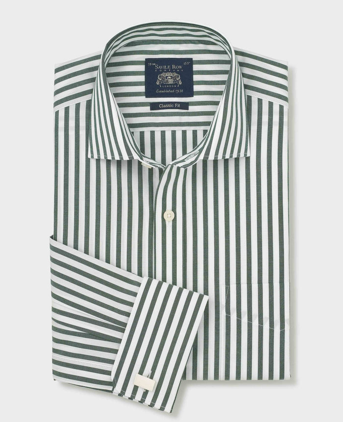 Men's Green Stripe Cotton Poplin Classic Fit Formal Shirt With Double Cuffs folded shot