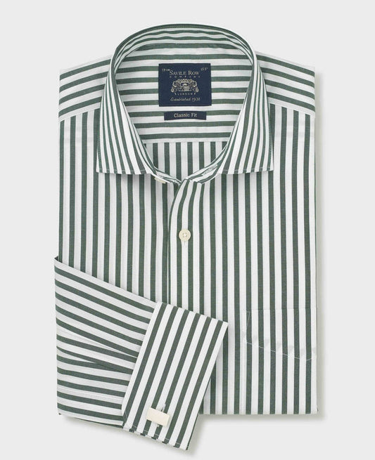 Men's Green Stripe Cotton Poplin Classic Fit Formal Shirt With Double Cuffs folded shot