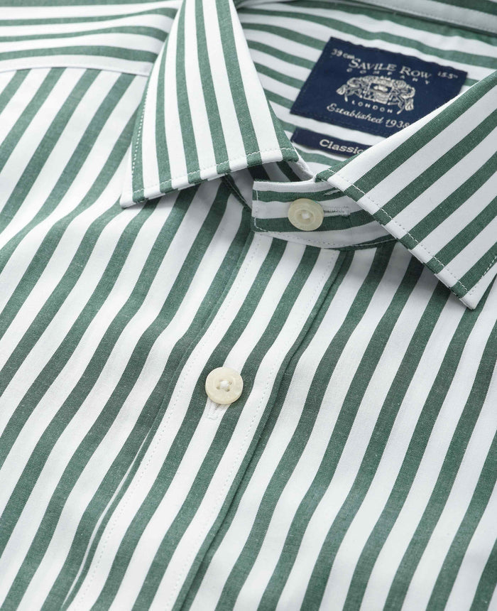 Men's Green Stripe Cotton Poplin Classic Fit Formal Shirt With Double Cuffs collar detail