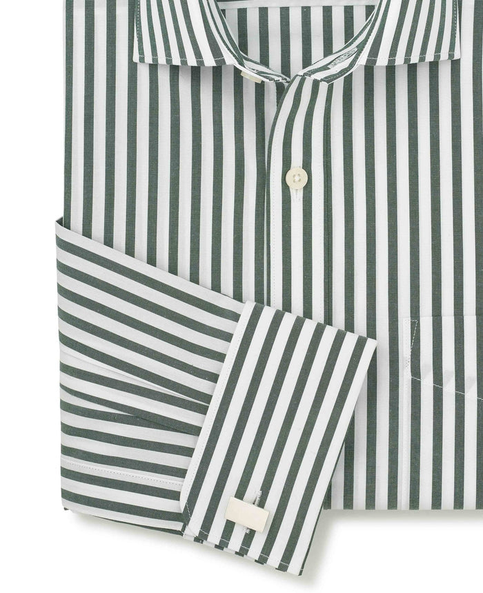 Men's Green Stripe Cotton Poplin Classic Fit Formal Shirt With Double Cuffs sleeve detail