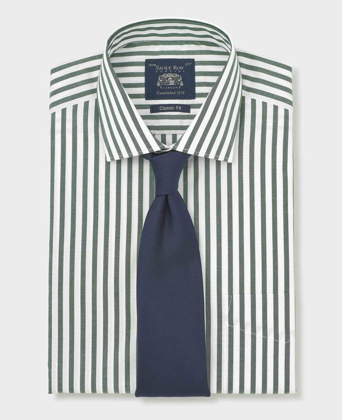 Men's Green Stripe Cotton Poplin Classic Fit Formal Shirt With Double Cuffs folded with tie