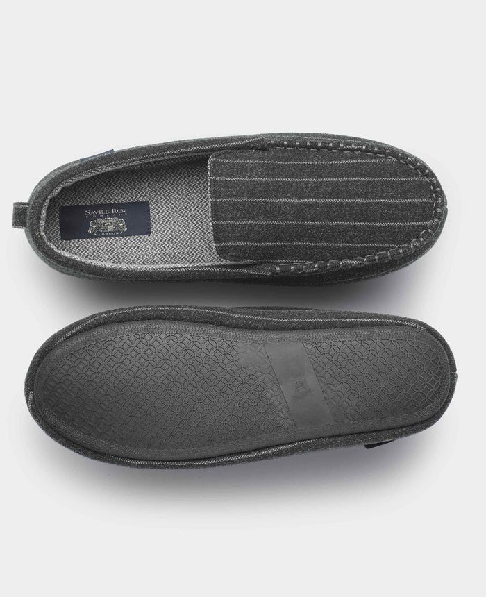 Men's Grey Pinstripe Moccasin Slippers overhead shot