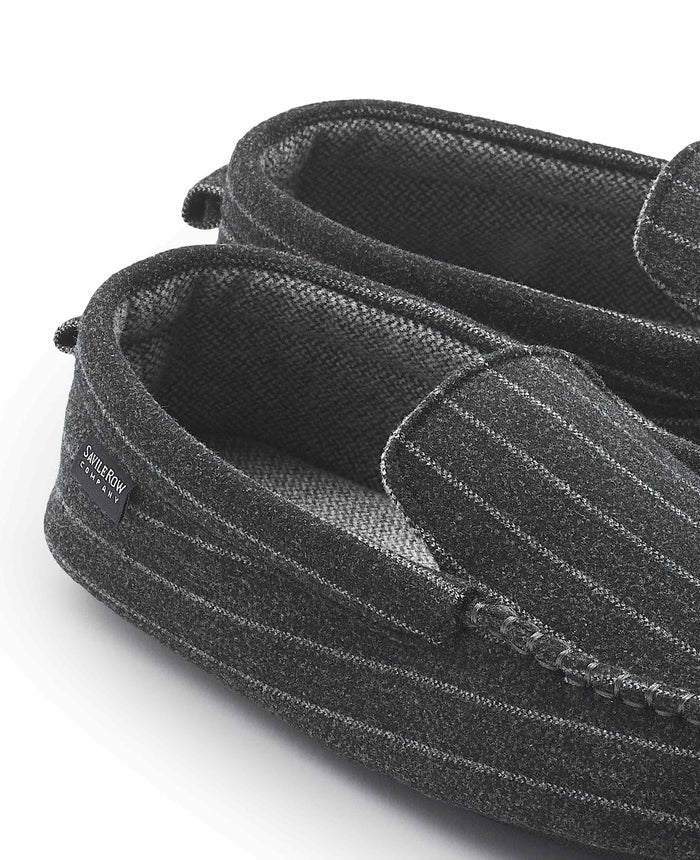 Men's Grey Pinstripe Moccasin Slippers topline detail