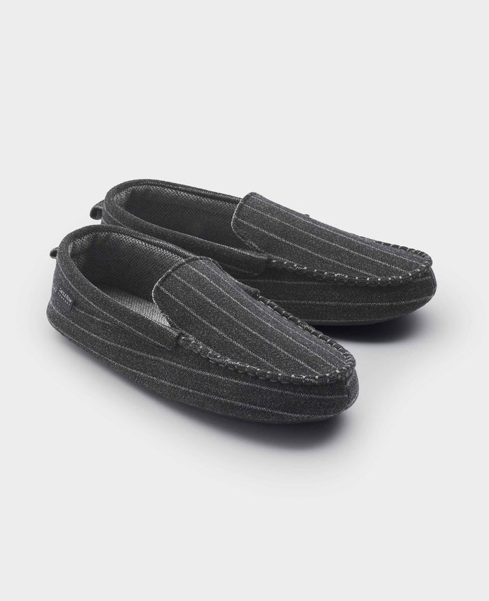 Men's Grey Pinstripe Moccasin Slippers pair view