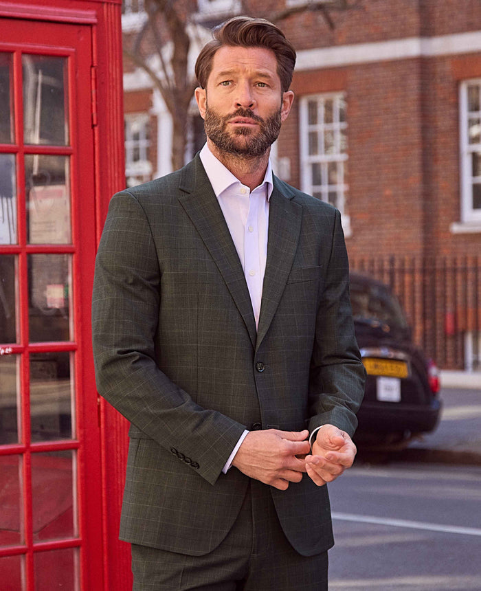 Men's Grey Prince of Wales Check Wool Blend Suit Jacket model shot 1
