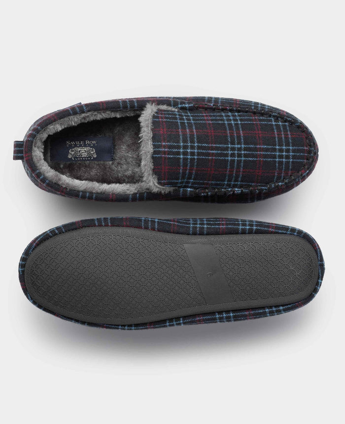 Men's Grey Red Blue Check Moccasin Slippers overhead shot