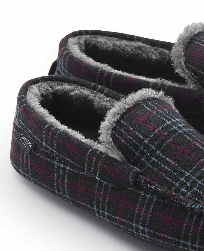 Men's Grey Red Blue Check Moccasin Slippers topline detail