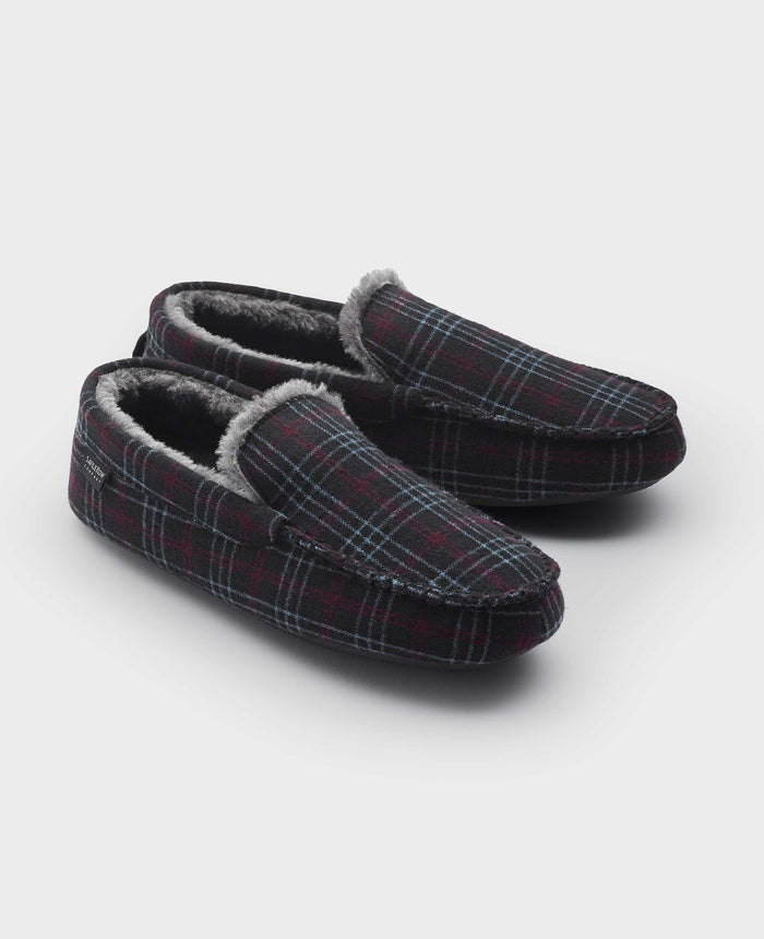 Men's Grey Red Blue Check Moccasin Slippers pair view