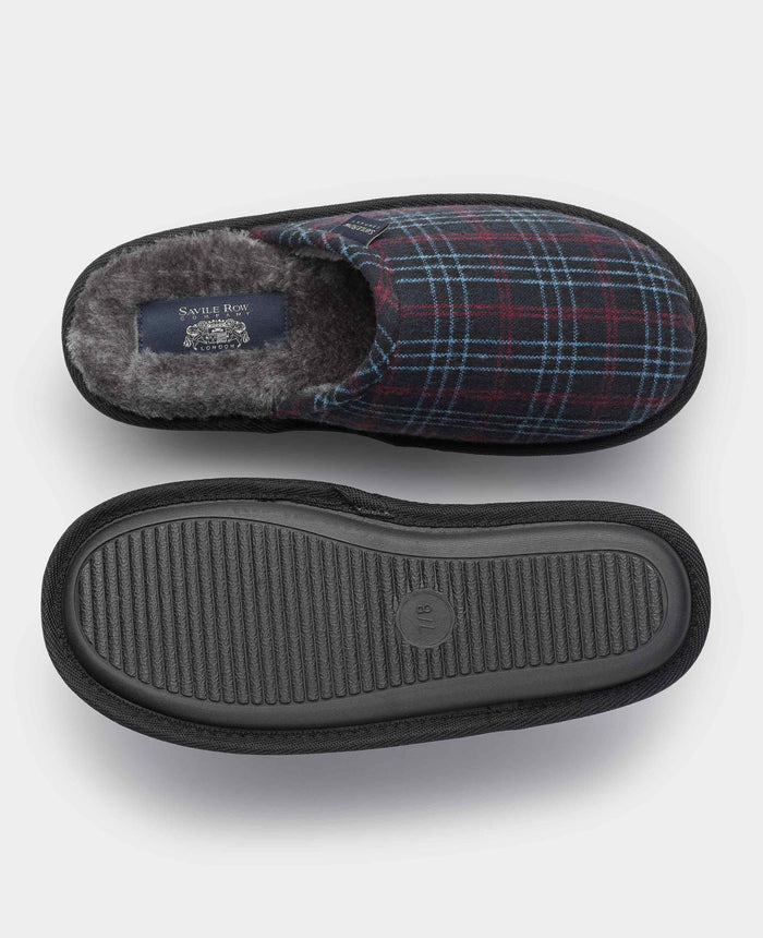 Men's Grey Red Blue Check Mule Slippers overhead shot