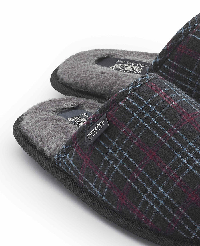 Men's Grey Red Blue Check Mule Slippers footbed detail