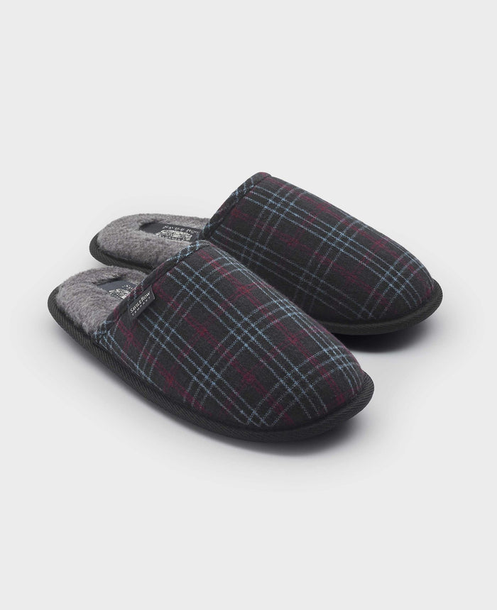 Men's Grey Red Blue Check Mule Slippers pair view