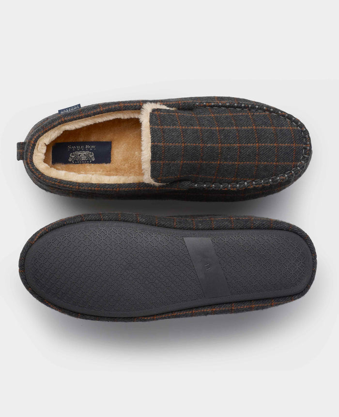 Men's Grey Taupe Check Moccasin Slippers overhead shot