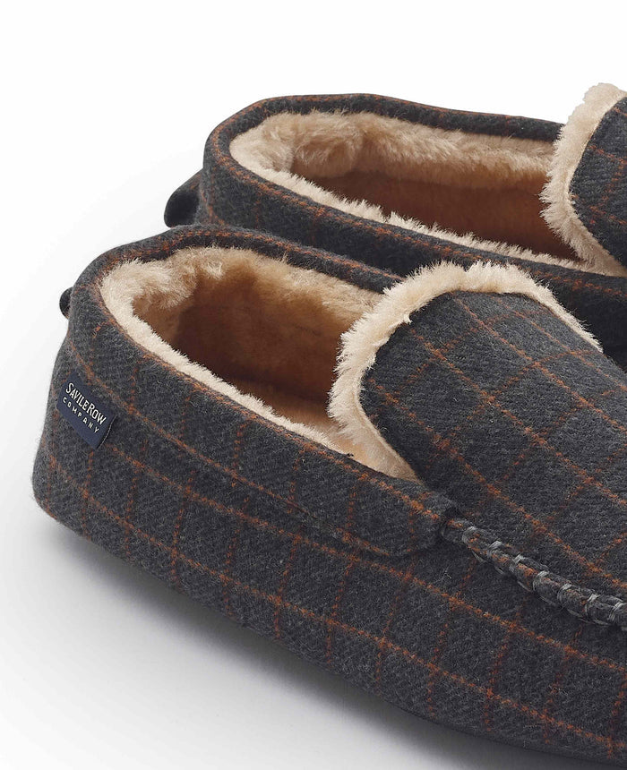 Men's Grey Taupe Check Moccasin Slippers topline detail