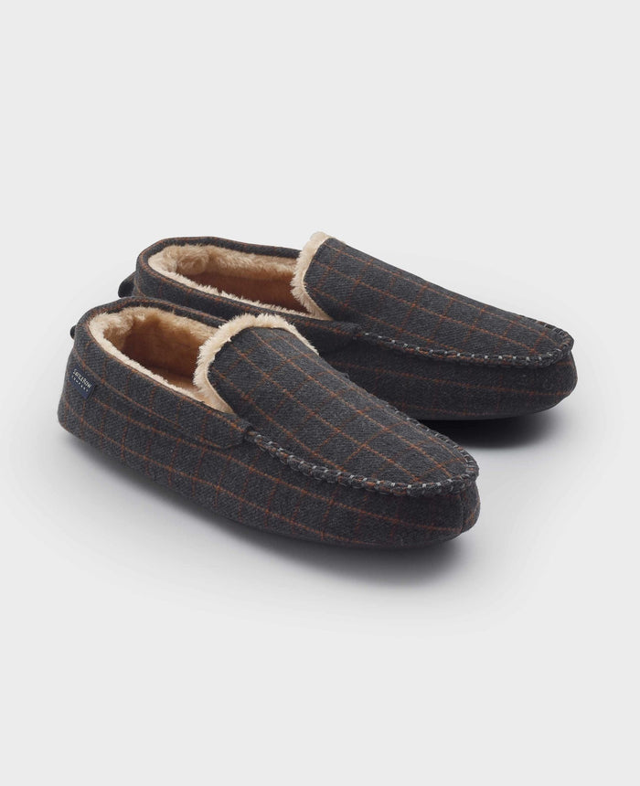 Men's Grey Taupe Check Moccasin Slippers pair view