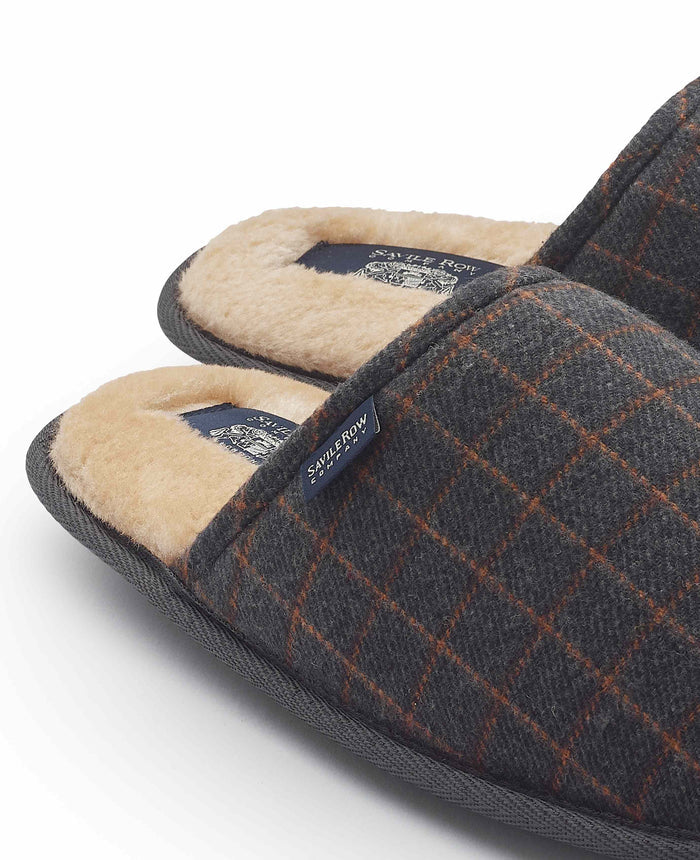 Men's Grey Taupe Check Mule Slippers footbed detail