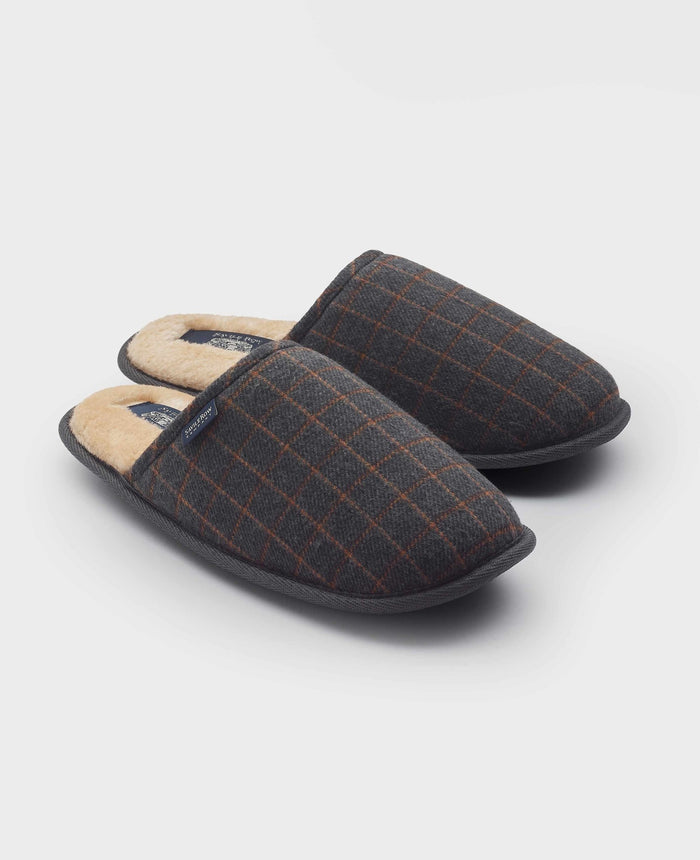 Men's Grey Taupe Check Mule Slippers pair view