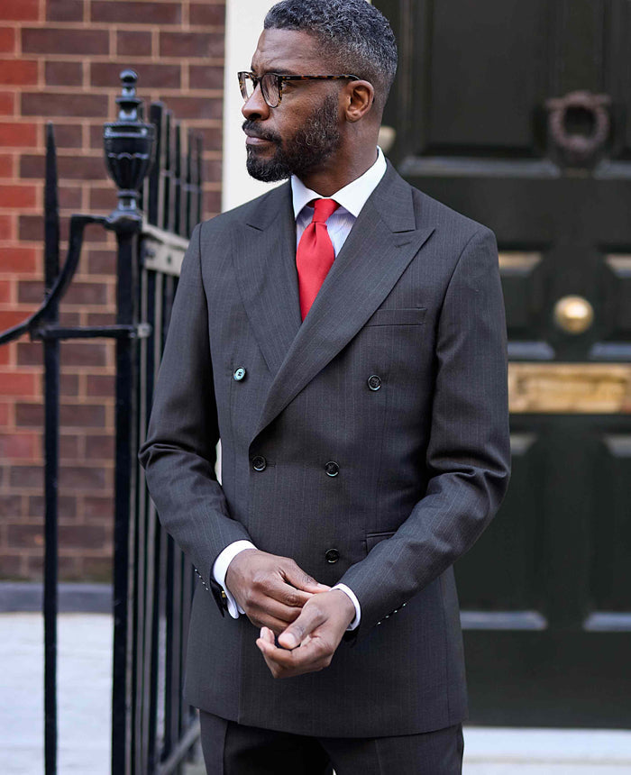 Men's Grey Wool Blend Chalk Stripe Double Breasted Suit Jacket model shot 1