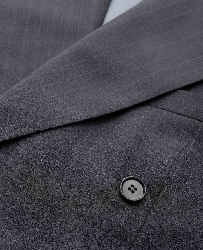 Men's Grey Wool Blend Chalk Stripe Double Breasted Suit Jacket chest detail