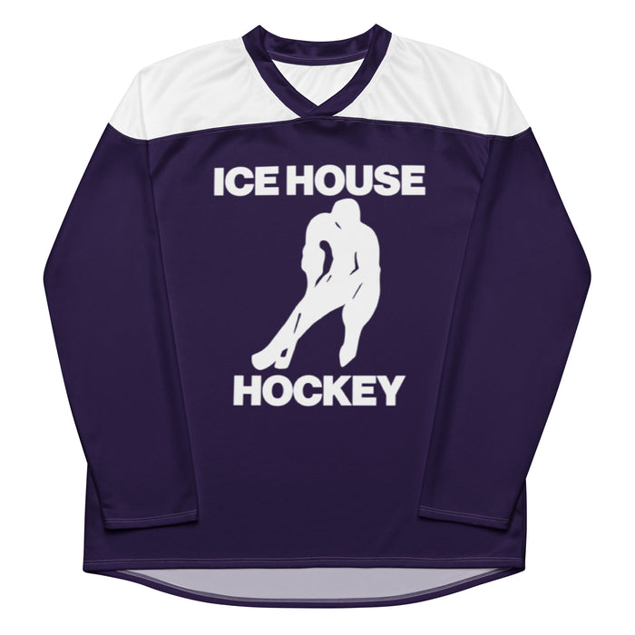 The front of a purple and white vintage, 70s style hockey jersey that says 'Ice House Hockey' with the image of a hockey player skating on the ice with a hockey stick. References the comedic movie Happy Gilmore 2 and was worn by Adam Sandler, often said to be a tribute to the NHL player Johnny Gaudreau.