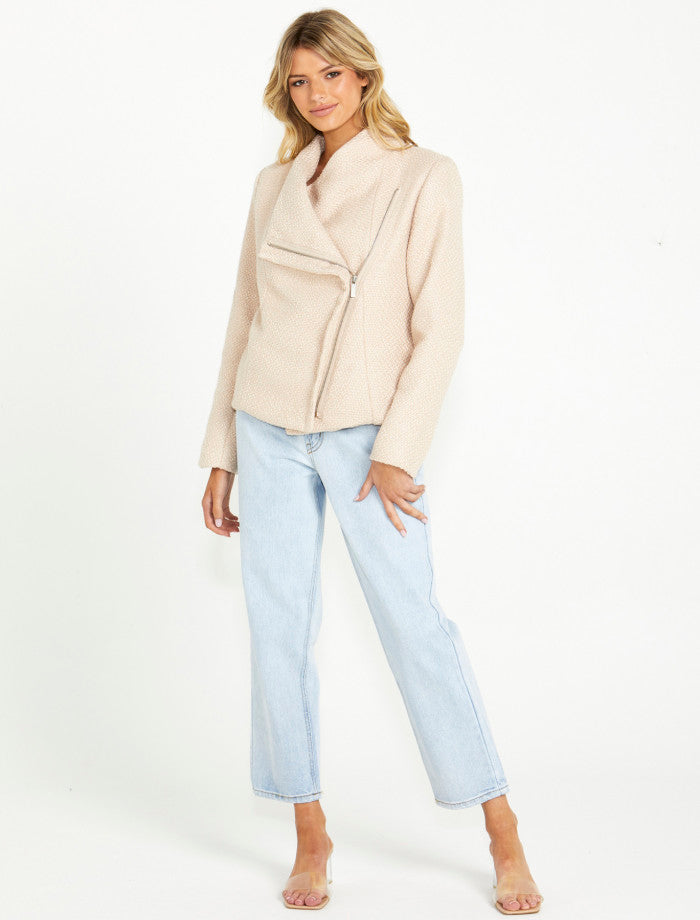 Fate + Becker cream boucle biker jacket