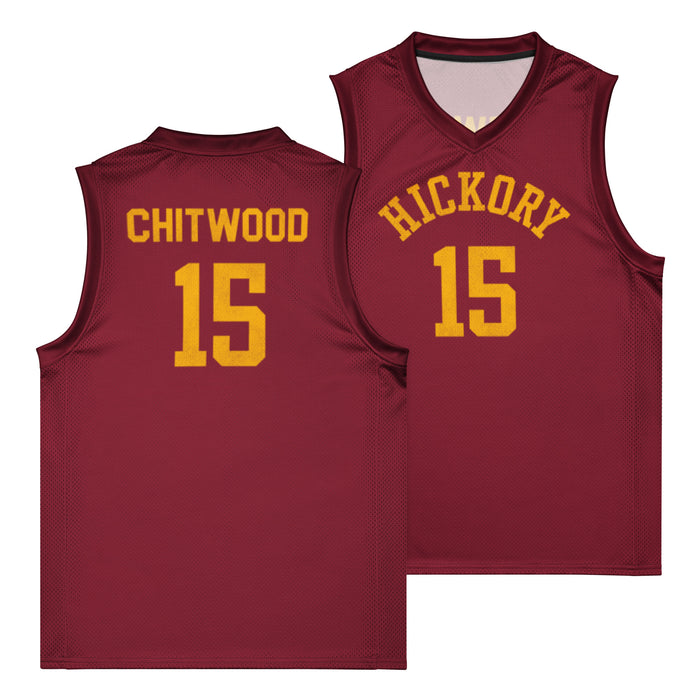A retro, 70s style maroon basketball costume jersey, the front of which says "HICKORY" with the number  15, the back "CHITWOOD" with the number 15 in yellow. References the sports family film "Hoosiers" and the character Jimmy Chitwood, played by Maris Valainis.
