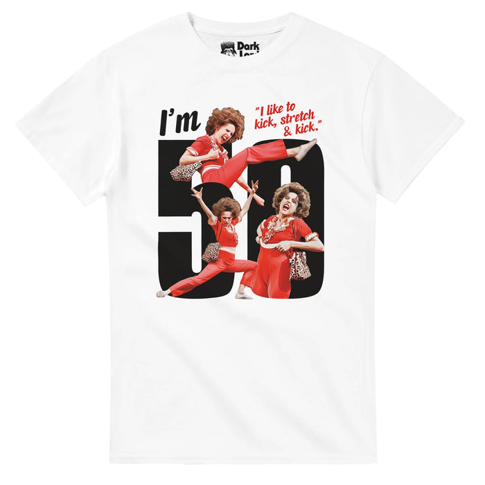 A retro, vintage 80s style t-shirt in the color white that says in bold letters "I'm 50" and in bright red the quote "I like to kick, stretch, & kick" referencing Sally O'Malley's catch phrase. Includes three images of Sally O'Malley (played by comedian Molly Shannon) in her iconic red jumpsuit with her cheetah print bag and huge brown bouffant hairstyle kicking, dancing, and bending, referencing the SNL skit, a parody of a Rockette open audition.