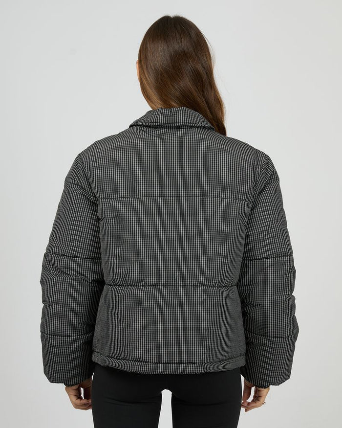 In Check Puffer Jacket in Black and White Check