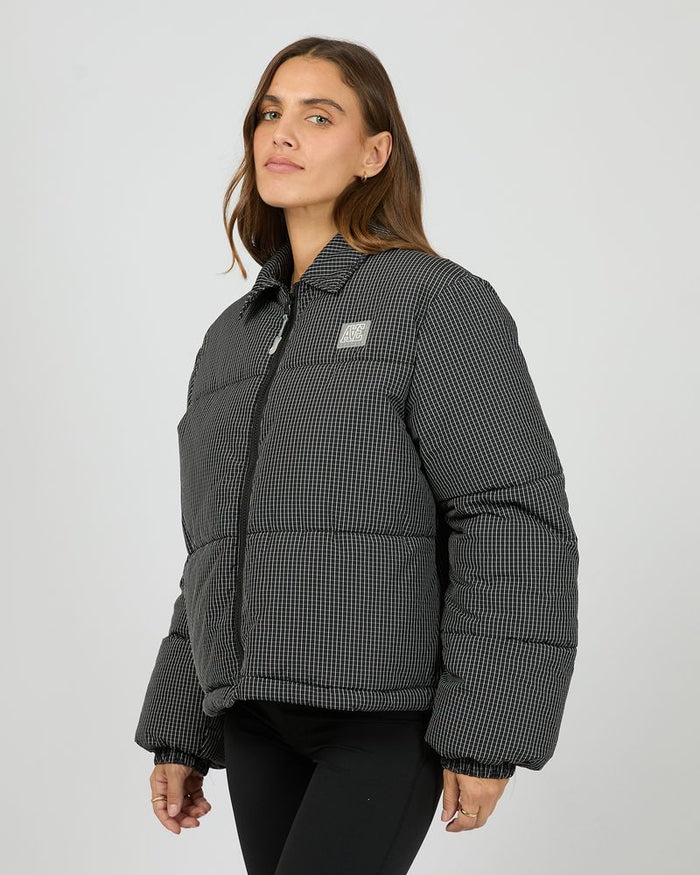 In Check Puffer Jacket in Black and White Check